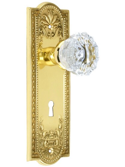 Meadows Style Mortise Lock Set in Polished Brass Finish with Fluted Crystal Glass Door Knobs.